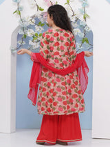 Girls Red Floral Printed Angrakha Kurta and Sharara With Dupatta
