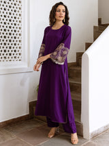 Women's Purple Embroidered Straight Kurta Trouser Set