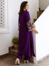 Women's Purple Embroidered Straight Kurta Trouser Set