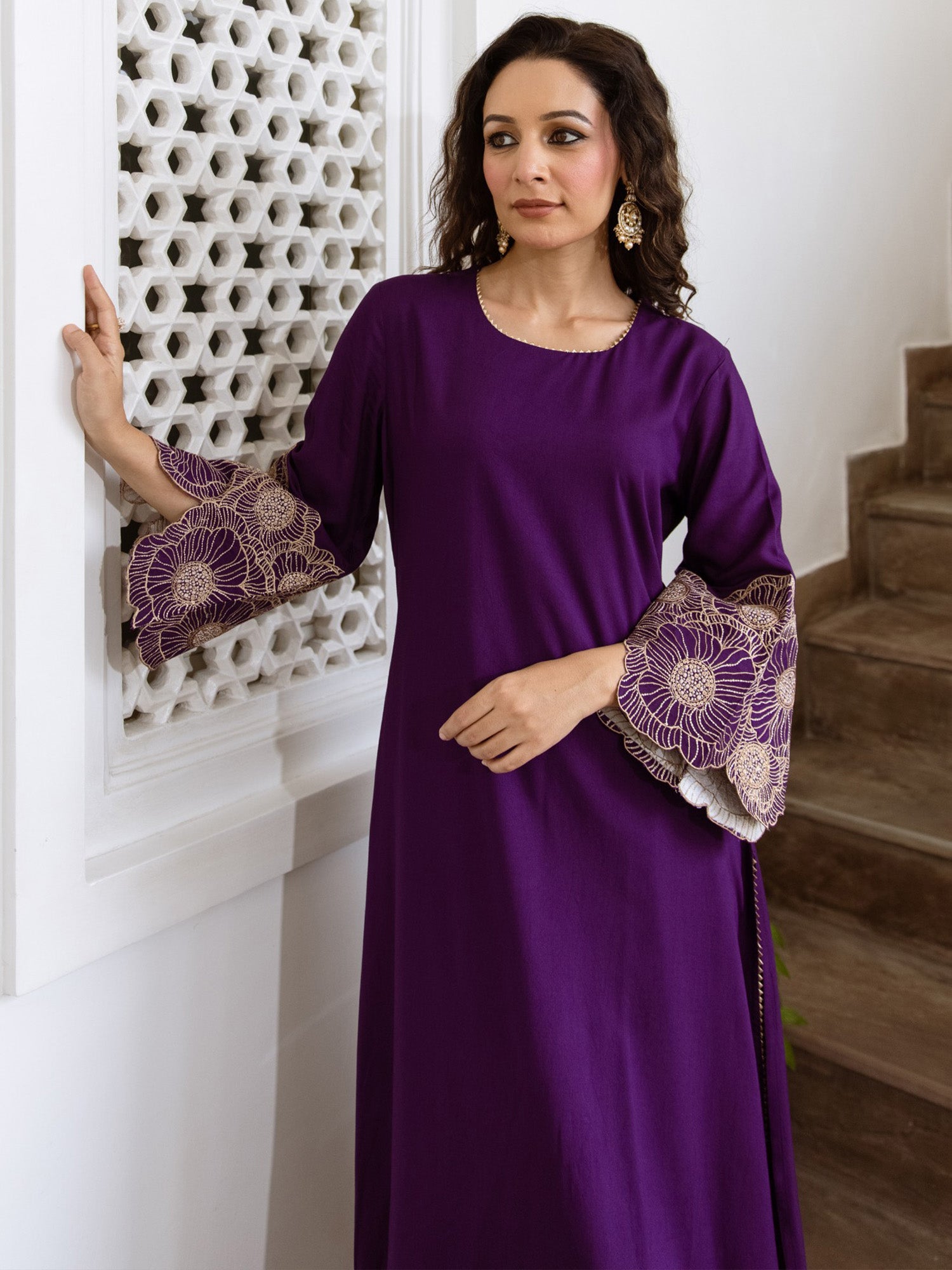Women's Purple Embroidered Straight Kurta Trouser Set