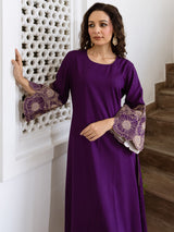 Women's Purple Embroidered Straight Kurta Trouser Set