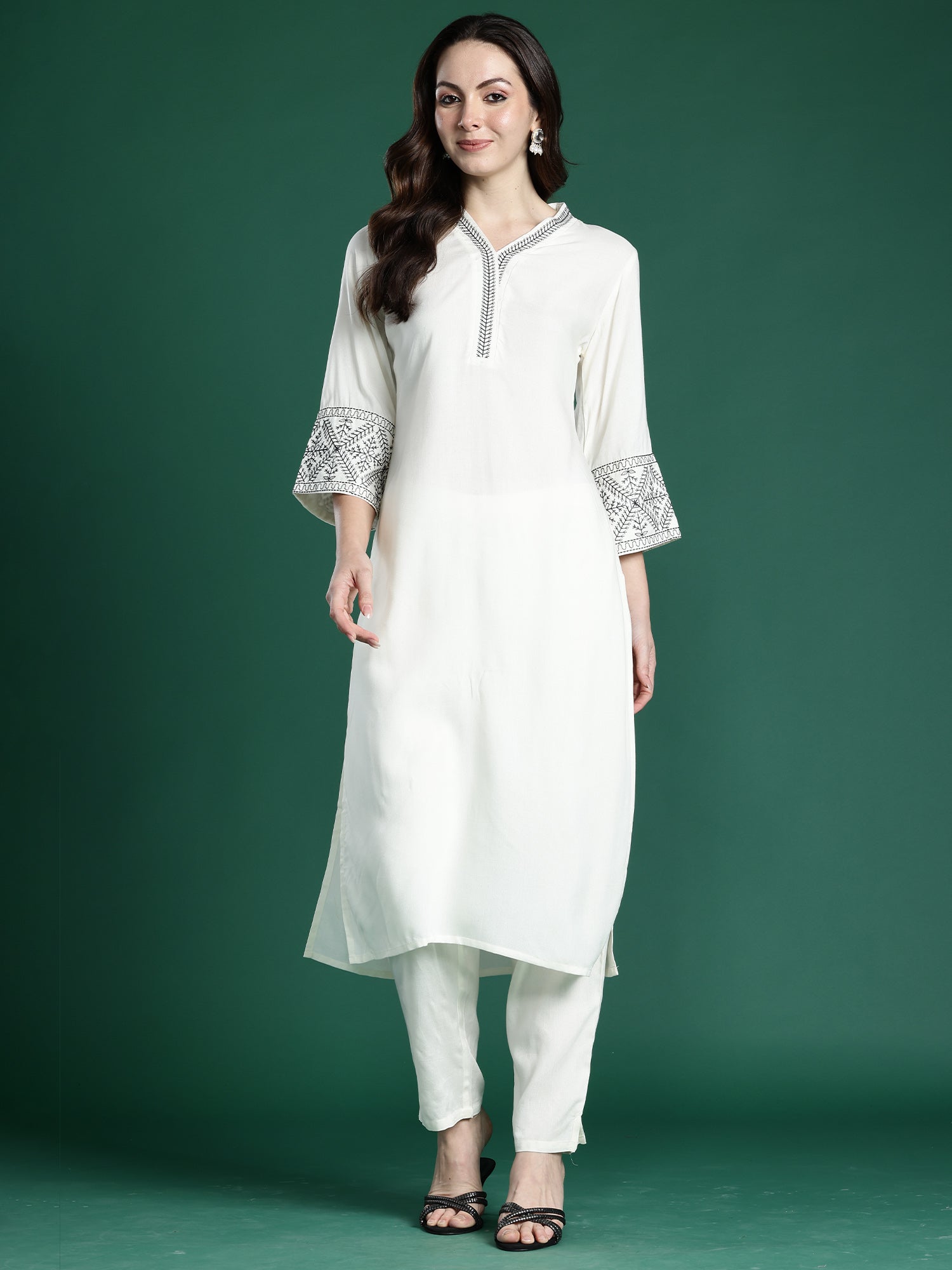Women's White Embroidered Straight Kurta Trouser Set