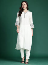 Women's White Embroidered Straight Kurta Trouser Set