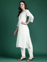 Women's White Embroidered Straight Kurta Trouser Set