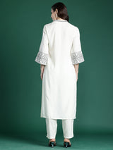 Women's White Embroidered Straight Kurta Trouser Set