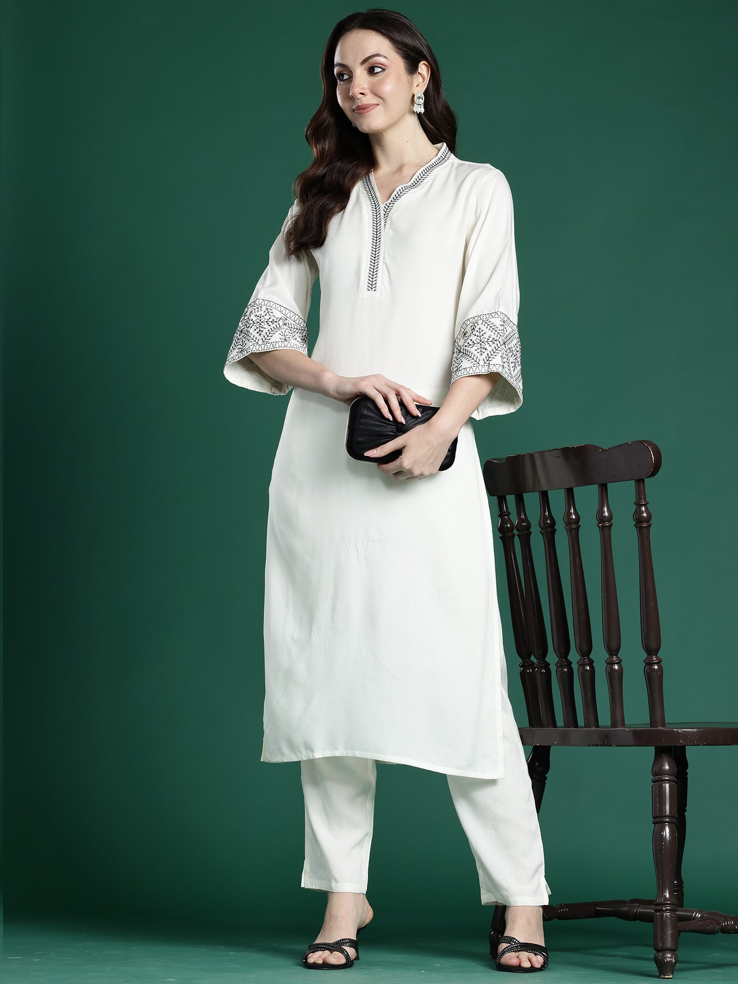 Women's White Embroidered Straight Kurta Trouser Set