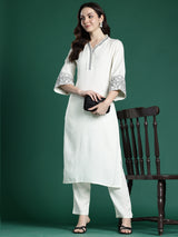 Women's White Embroidered Straight Kurta Trouser Set