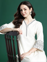 Women's White Embroidered Straight Kurta Trouser Set