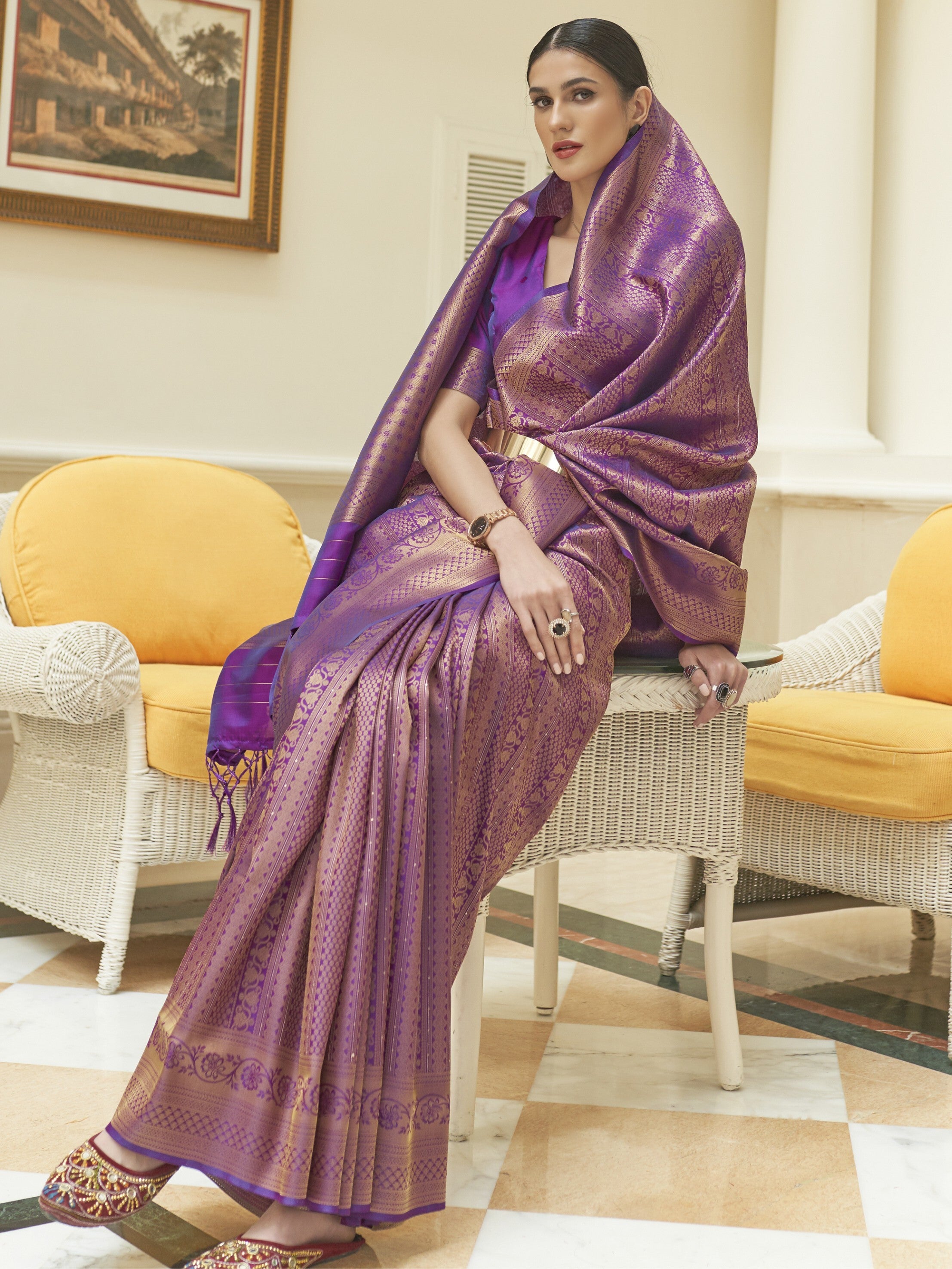 Women's Silk Blend Purple Embroidered Woven saree with Blouse Piece