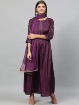 Women's Purple Thread Work Beads & Stone A-Line Pleated Kurta with Trouser & Dupatta
