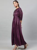 Women's Purple Thread Work Beads & Stone A-Line Pleated Kurta with Trouser & Dupatta