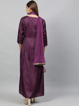 Women's Purple Thread Work Beads & Stone A-Line Pleated Kurta with Trouser & Dupatta