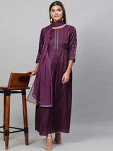 Women's Purple Thread Work Beads & Stone A-Line Pleated Kurta with Trouser & Dupatta