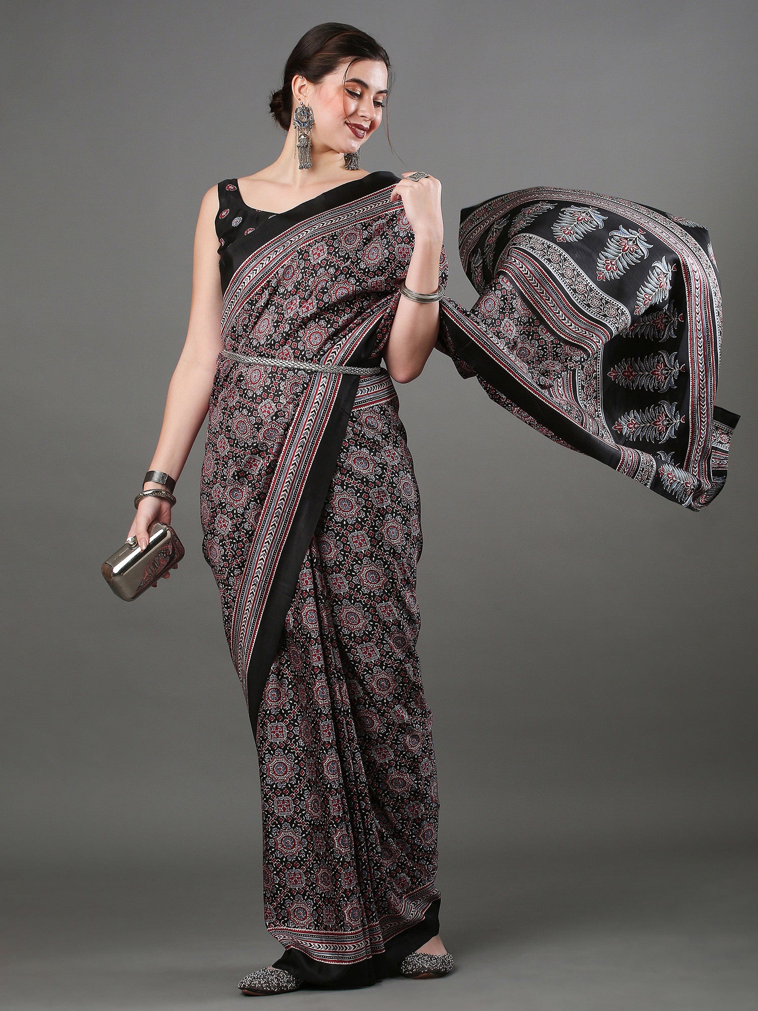 Women's Dola Silk Black Digital Print Designer Saree with Blouse Piece