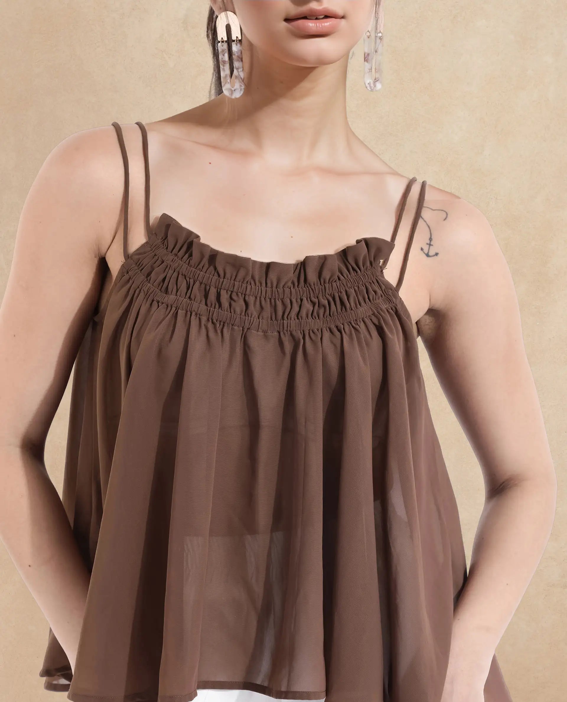Women's Brown Casual Sleeveless Top
