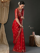 Women's Pure Georgette Red Woven Design Designer Saree With Blouse Piece