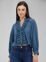 Women's Blue Casual Solid Full Sleeves Top