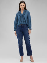 Women's Blue Casual Solid Full Sleeves Top
