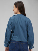 Women's Blue Casual Solid Full Sleeves Top
