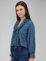 Women's Blue Casual Solid Full Sleeves Top