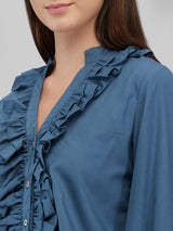 Women's Blue Casual Solid Full Sleeves Top