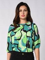 Women's Green Casual Printed Three Quarter Sleeves Top