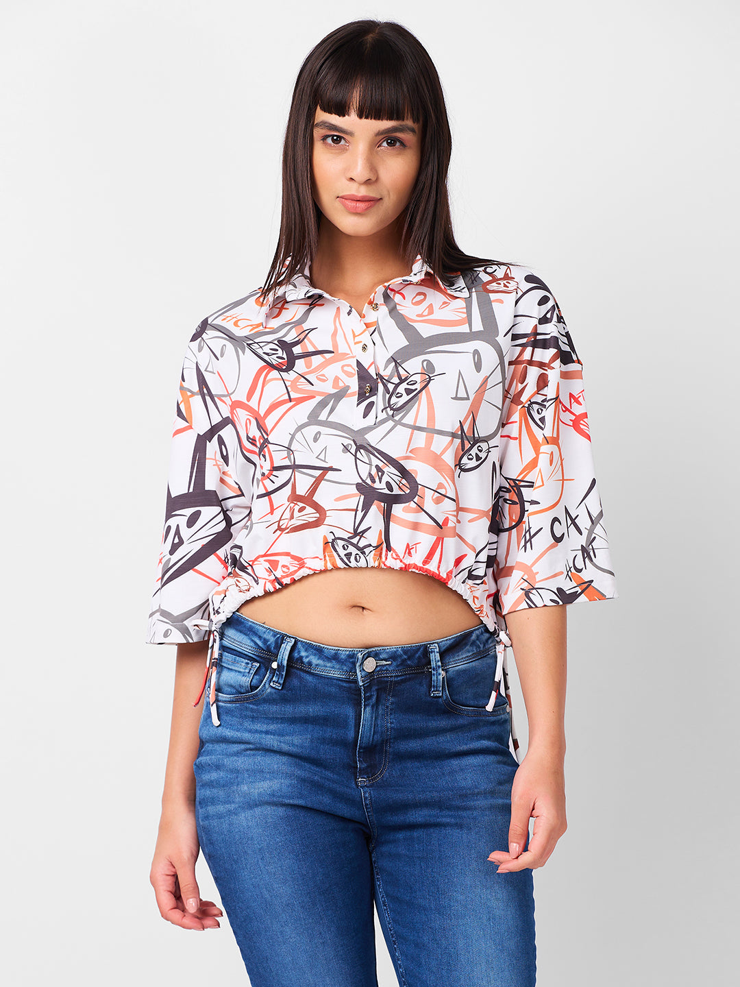Women's White Casual Printed Three Quarter Sleeves Top