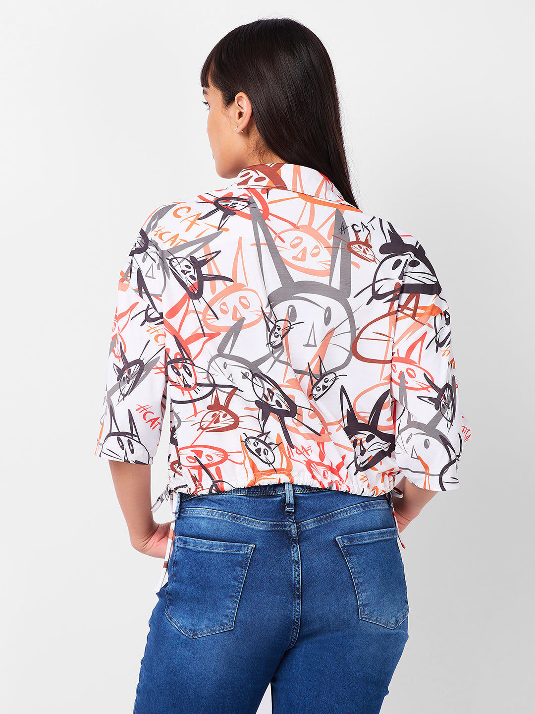 Women's White Casual Printed Three Quarter Sleeves Top
