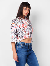 Women's White Casual Printed Three Quarter Sleeves Top