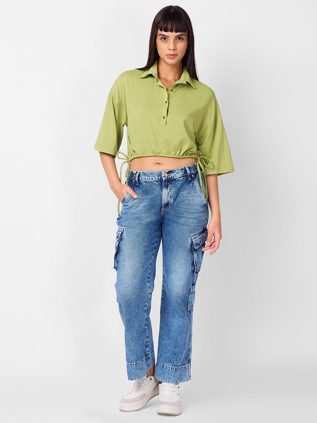 Women's Green Casual Solid Half Sleeves Top