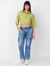 Women's Green Casual Solid Half Sleeves Top