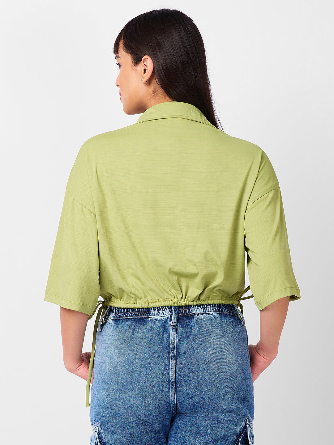 Women's Green Casual Solid Half Sleeves Top
