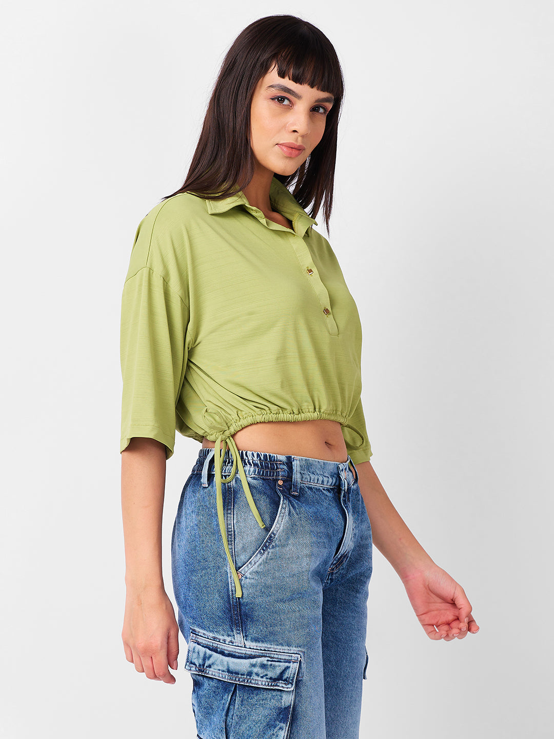 Women's Green Casual Solid Half Sleeves Top