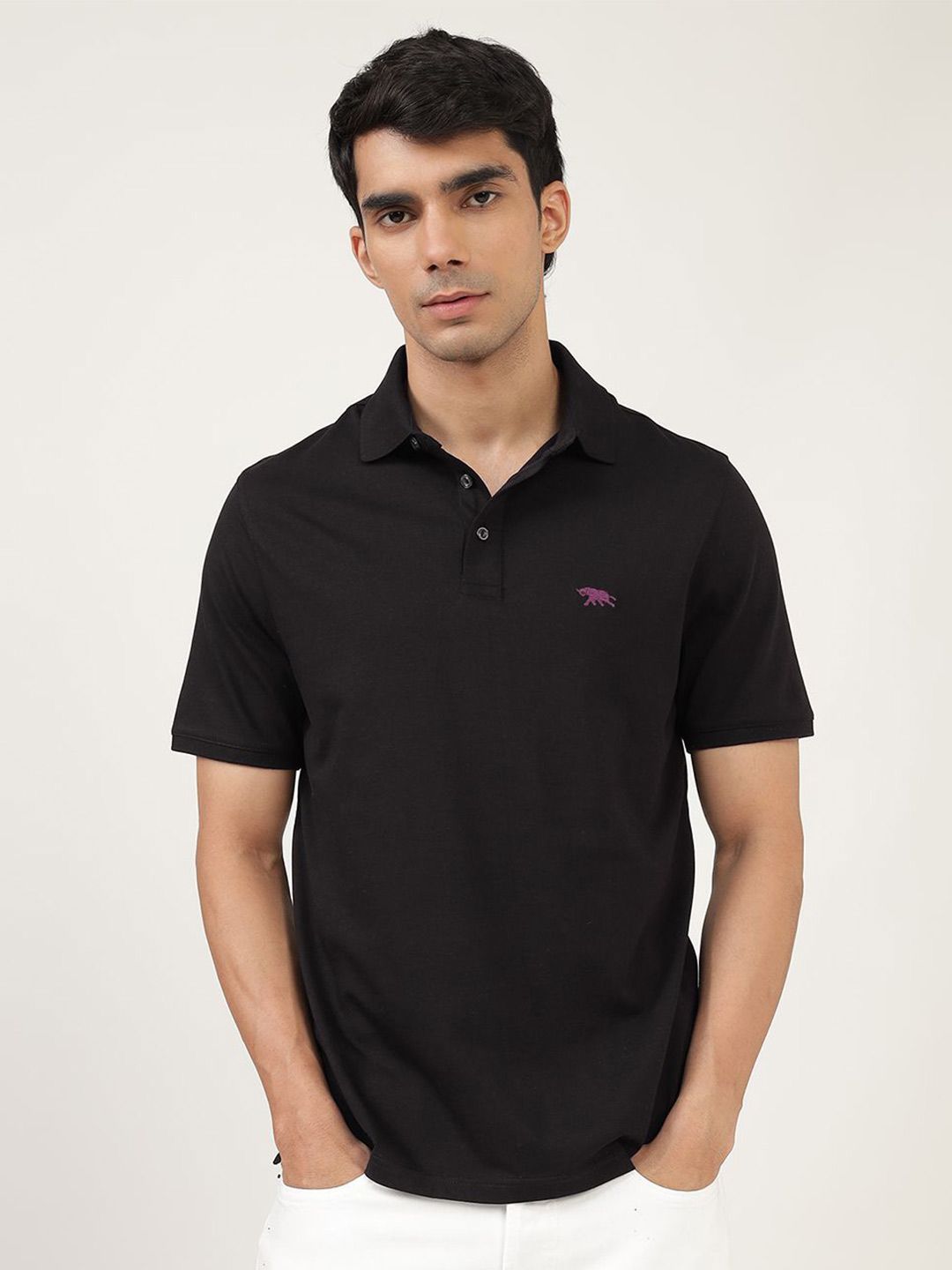 Men's Black Casual Regular Fit Solid Half Sleeves Polo Tshirt