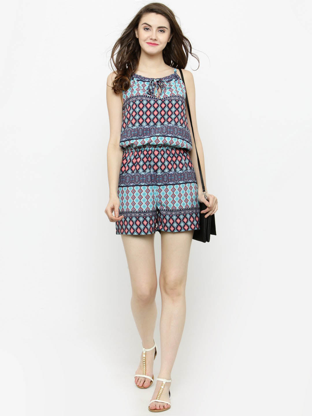 Women's Blue & Neon Skyblue Printed Playsuit