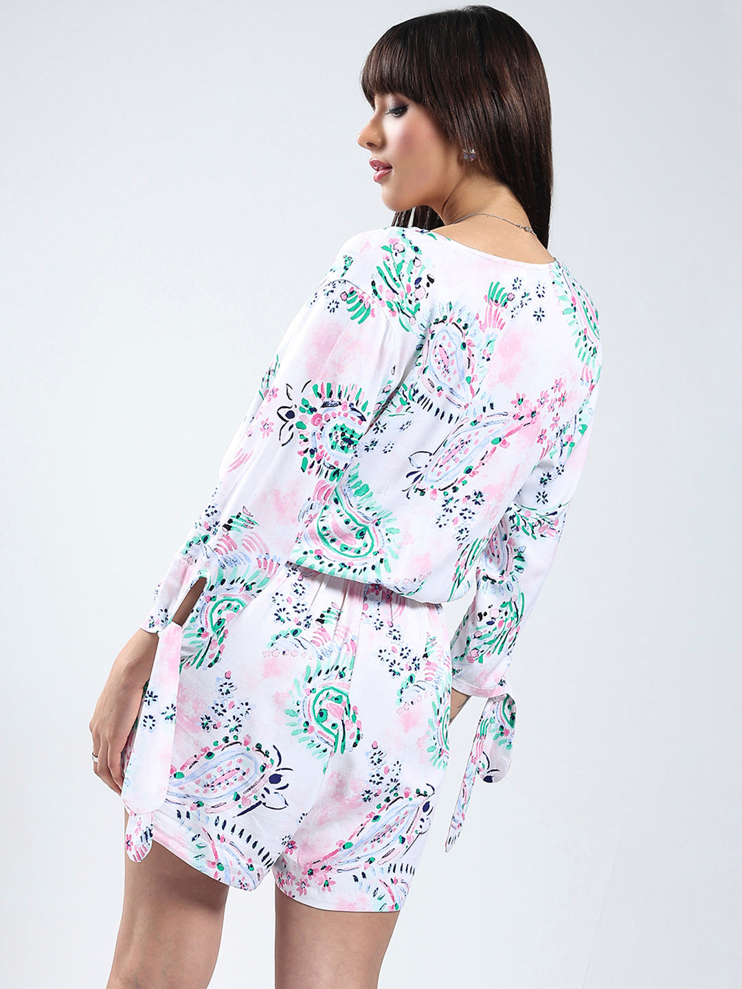 Women's White Rayon Lycra Printed Jumpsuit