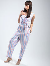 Women's White Linen Stripe Jumpsuit