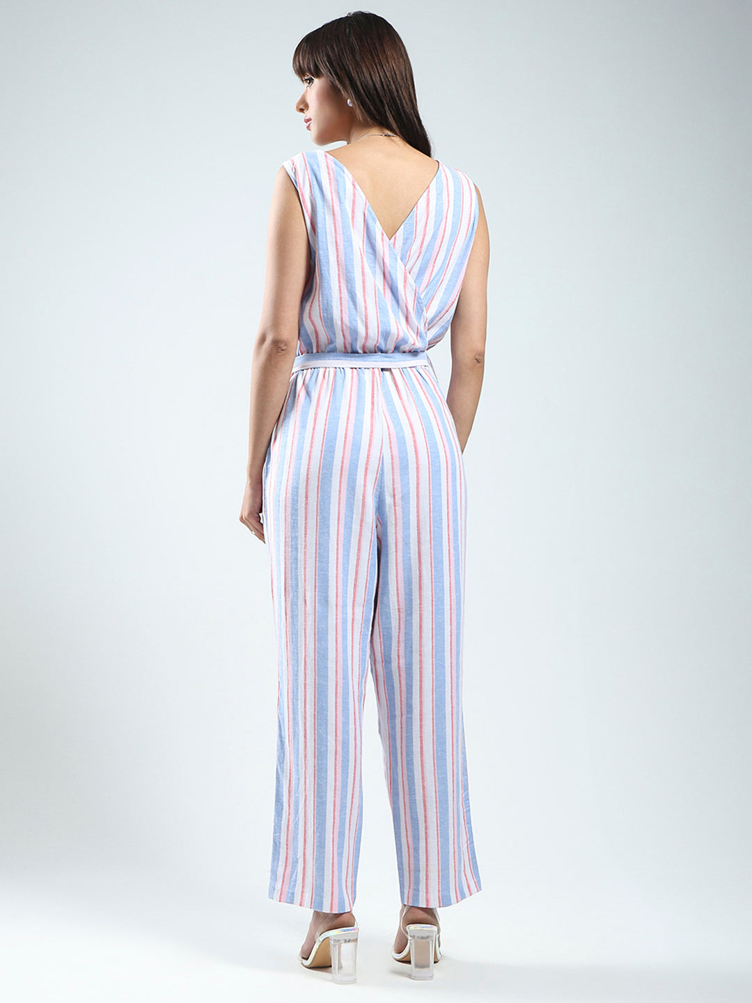 Women's White Linen Stripe Jumpsuit