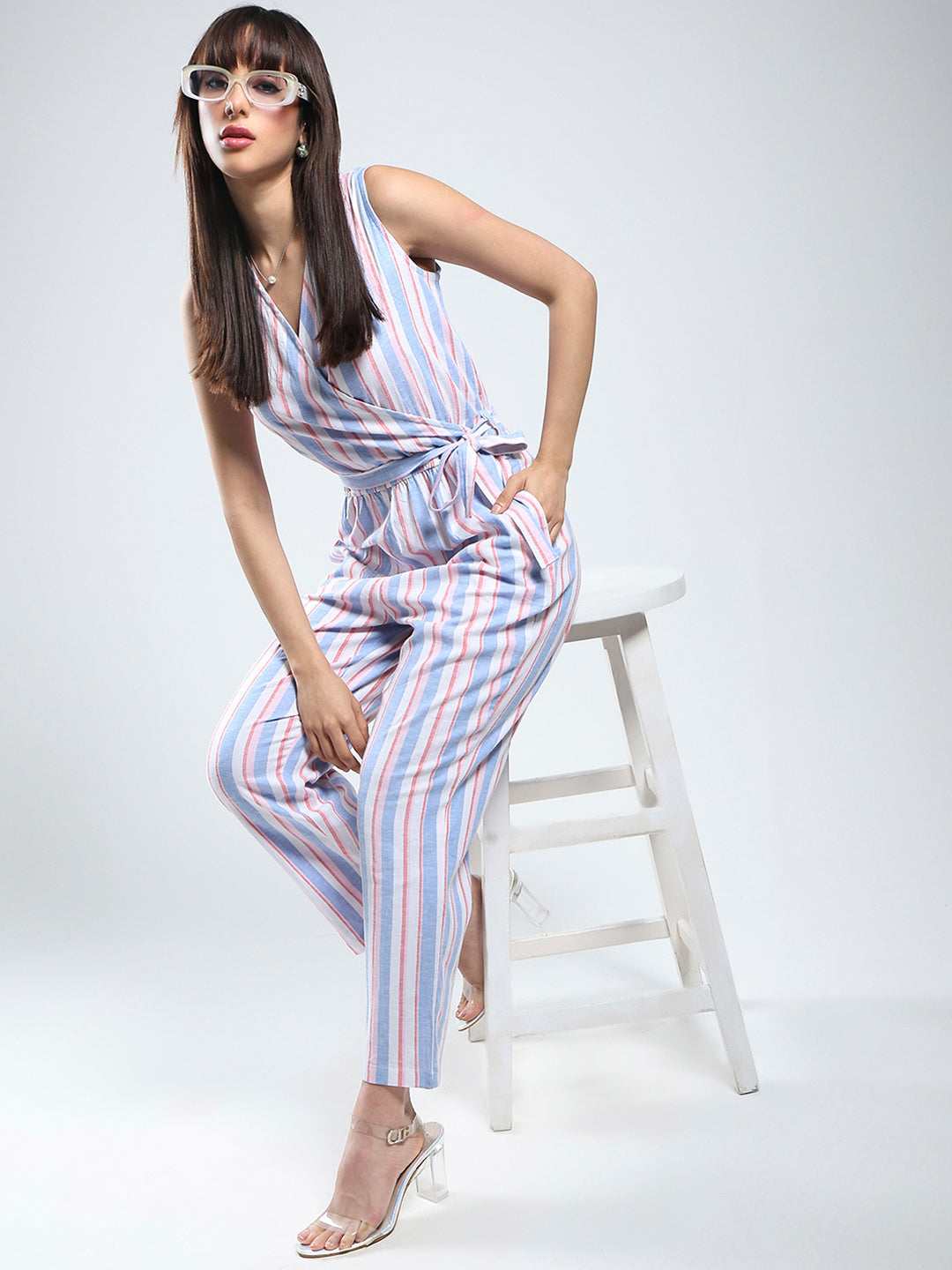 Women's White Linen Stripe Jumpsuit