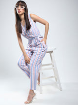 Women's White Linen Stripe Jumpsuit