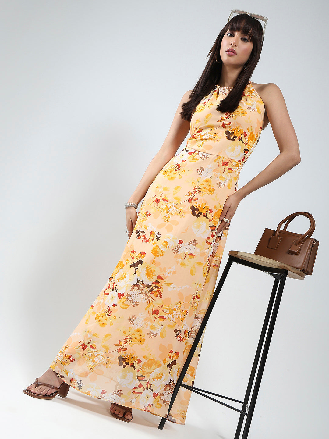 Women's Yellow Backless Floral Maxi a-line Dress