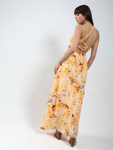 Women's Yellow Backless Floral Maxi a-line Dress