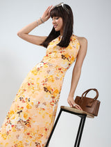 Women's Yellow Backless Floral Maxi a-line Dress