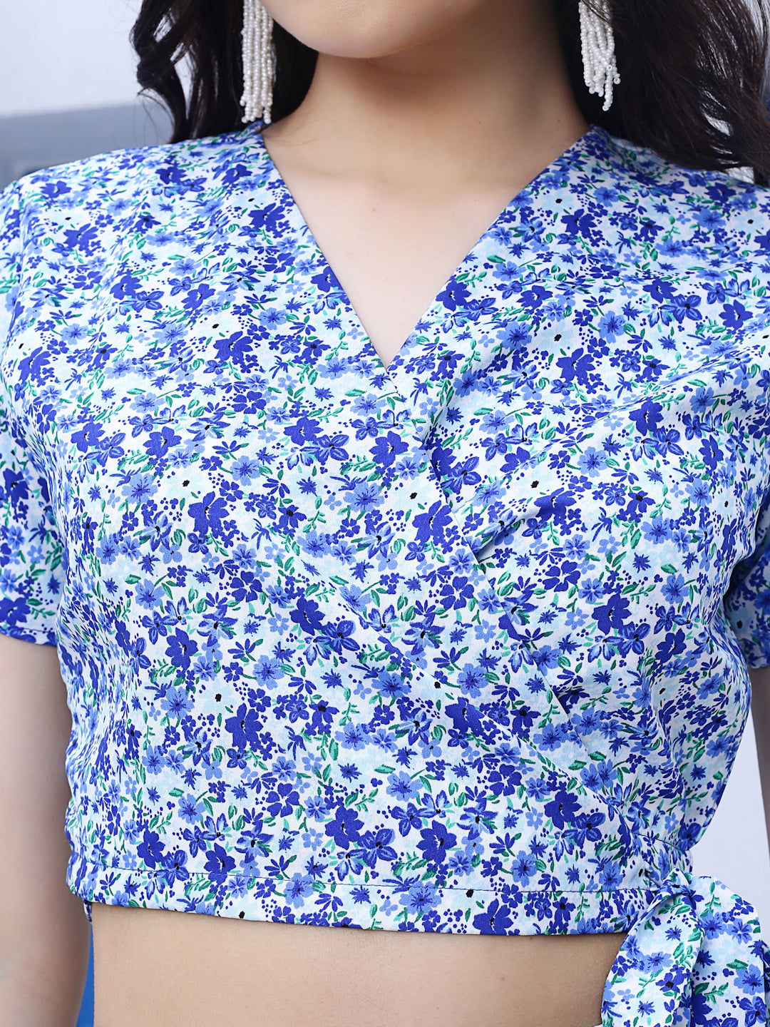 Women's Blue Floral Printed Wrap Top with Skirt