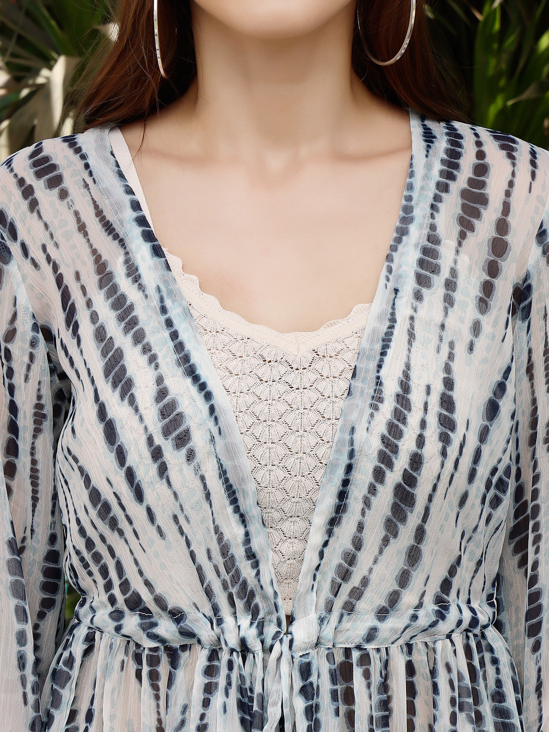 Women's Blue Printed Tie-up Shrug