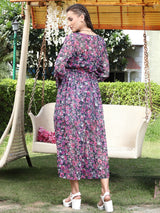 Women's Navy Printed Longline Tie-up Shrug