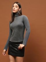 Women's Grey High-Neck - Neutral Minimal Chic Fitted Top