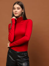 Women's Bold Red High-Neck - Statement Minimal Chic Fitted Top