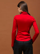 Women's Bold Red High-Neck - Statement Minimal Chic Fitted Top