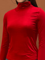Women's Bold Red High-Neck - Statement Minimal Chic Fitted Top